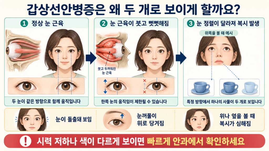 갑상선안병증으로 눈을 움직이는 근육이 붓고 뻣뻣해져 눈 정렬이 달라지고 복시와 눈 돌출이 나타나는 과정을 설명한 일러스트