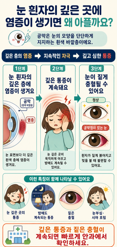 눈의 흰자를 구성하는 공막 깊은 층에 염증이 생겨 지속적인 통증과 짙은 충혈이 나타나는 과정을 설명한 일러스트