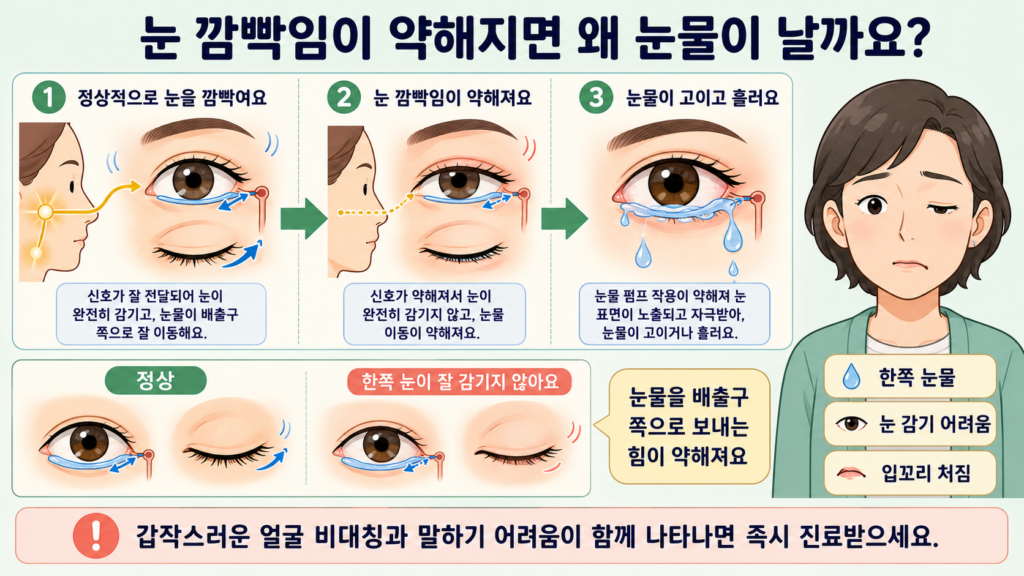 정상적인 눈 깜빡임과 안면신경 기능 저하로 약해진 눈꺼풀 움직임을 비교하고 눈물 배출이 어려워지는 과정을 쉽게 설명한 가로형 일러스트