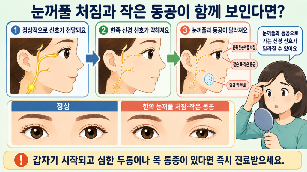 정상적인 눈꺼풀과 동공을 한쪽 눈꺼풀 처짐 및 작은 동공이 함께 나타난 상태와 비교해 쉽게 설명한 가로형 일러스트