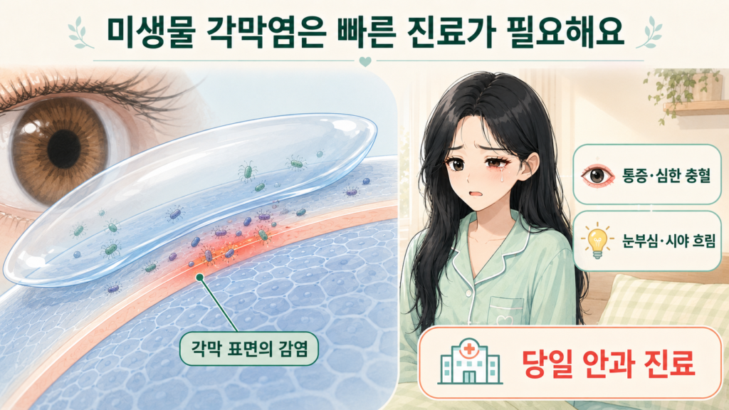 렌즈 아래 미생물이 각막에 염증을 일으키는 과정과 빠른 안과 진료가 필요한 증상을 함께 보여주는 가로형 일러스트