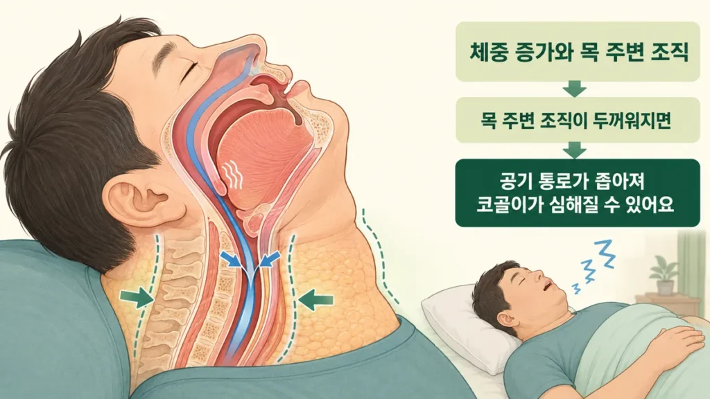체중 증가로 목 주변 조직이 두꺼워지면서 공기 통로가 좁아져 코골이가 심해지는 과정을 설명한 그림
