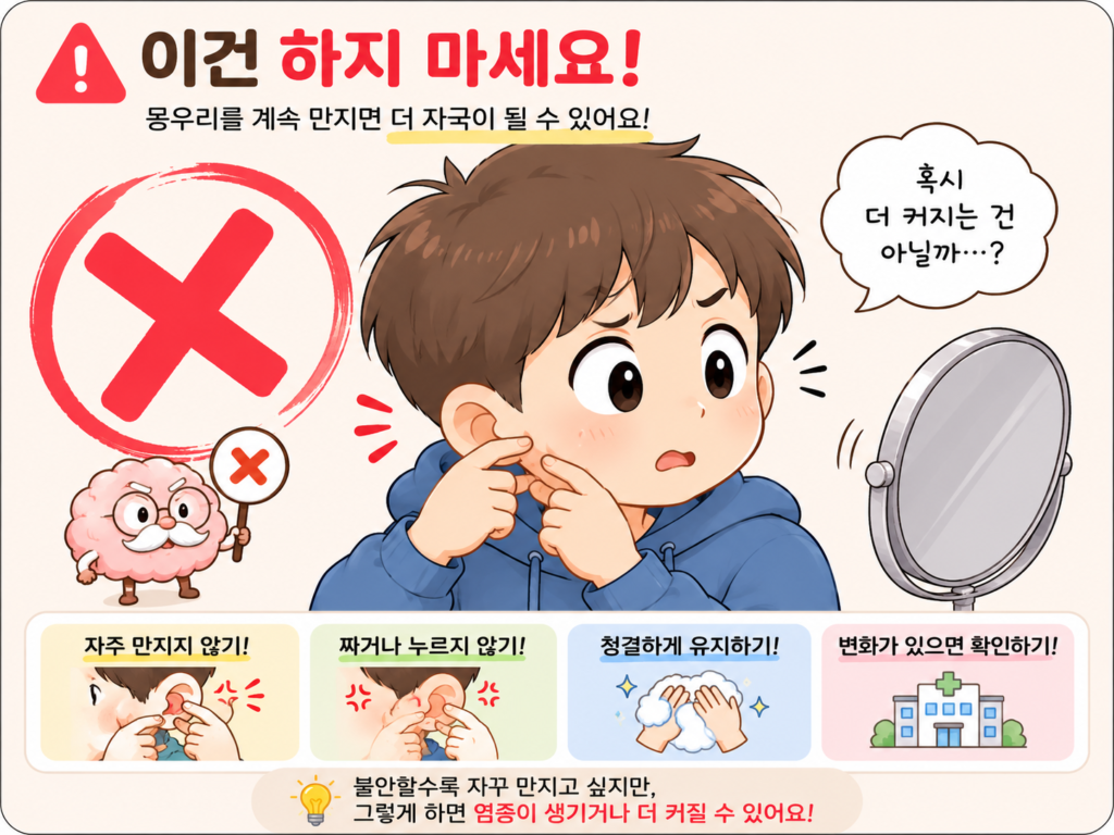 귀밑 몽우리를 계속 만지지 말라는 경고 일러스트