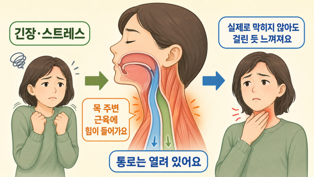 긴장과 스트레스로 목 주변 근육에 힘이 들어가 실제로 막히지 않았지만 걸린 듯 느껴지는 과정