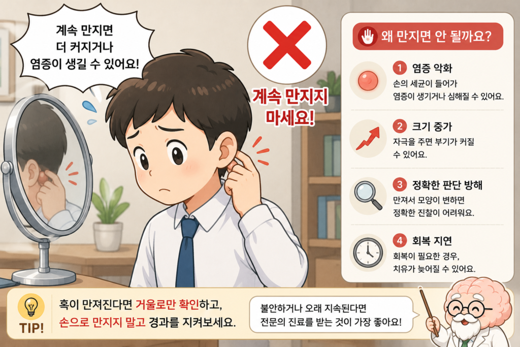 귀 뒤 혹을 계속 만지면 안 되는 이유를 설명하는 의료 일러스트