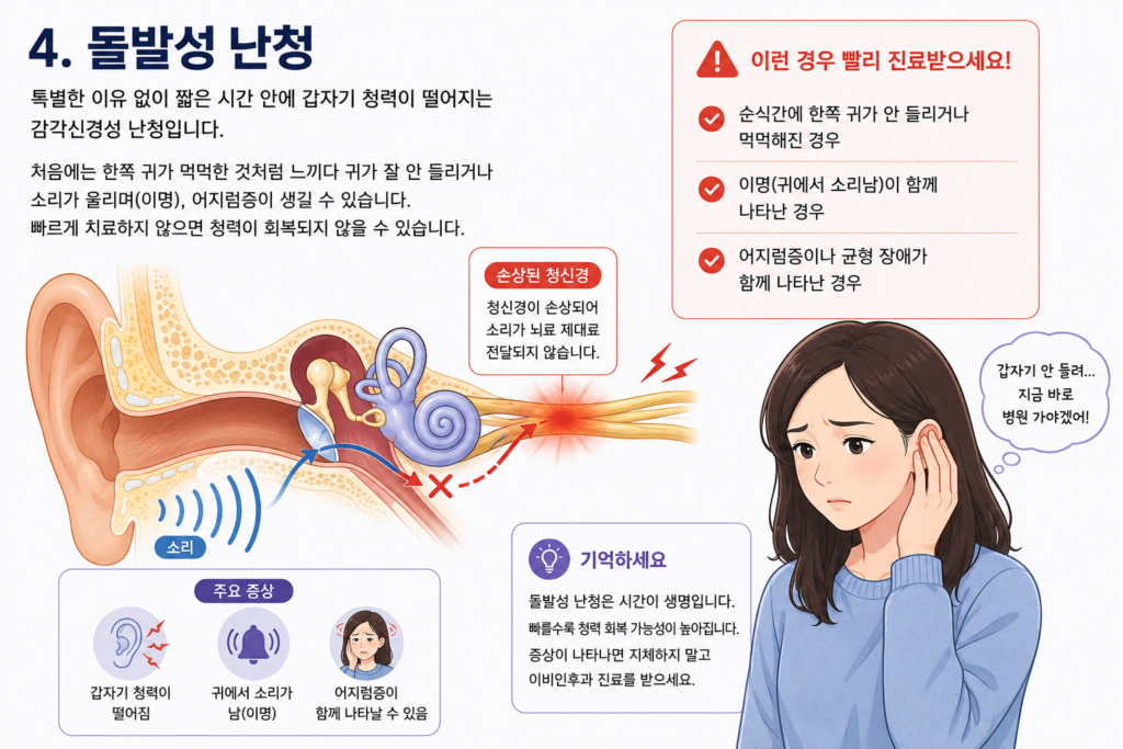 돌발성 난청으로 청신경 손상과 갑작스러운 청력 저하가 나타나는 원리를 설명하는 귀 단면 일러스트