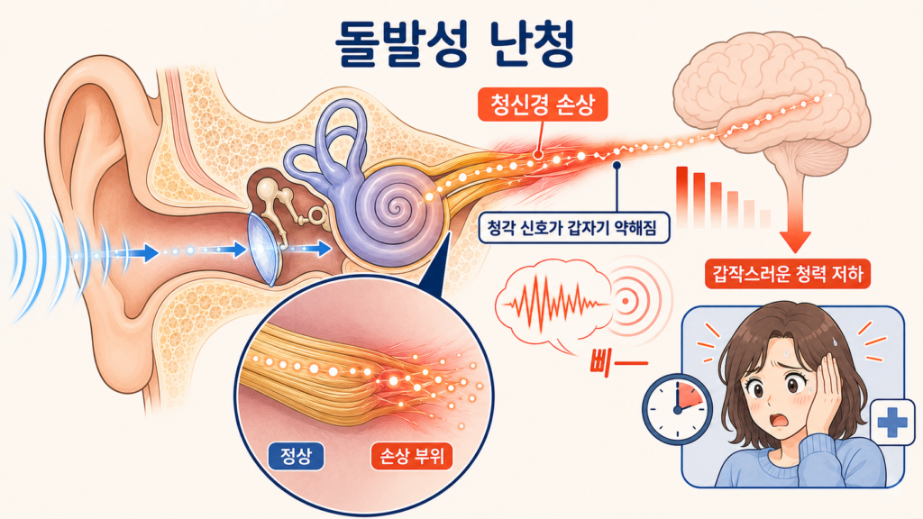 돌발성 난청으로 청신경 손상과 갑작스러운 청력 저하가 나타나는 원리를 설명하는 귀 단면 일러스트