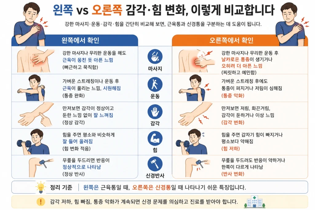 강한 마사지와 운동 후 통증 변화, 감각 이상, 힘 빠짐과 신경반사를 좌우로 비교한 근육통과 신경통 안내 이미지