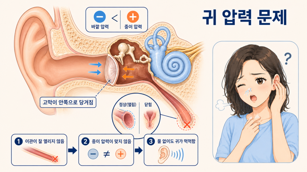 실제 물 없이 이관의 압력 조절이 어려워지는 과정을 나타내는 일러스트