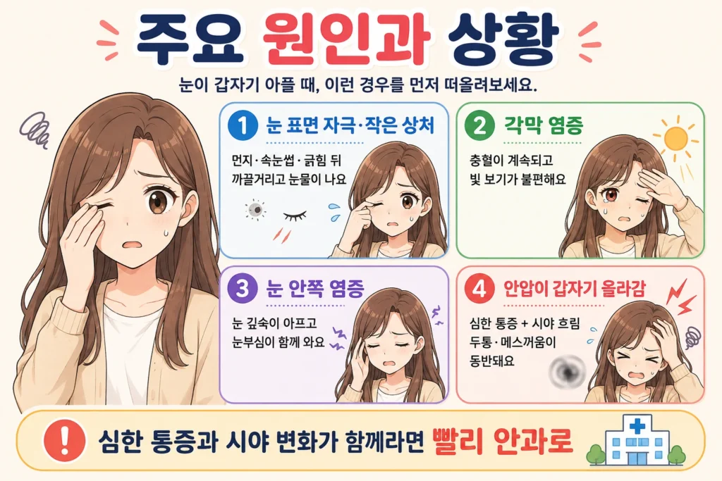 눈이 갑자기 아플 때 눈 표면 자극과 작은 상처, 각막 염증, 눈 안쪽 염증, 갑작스러운 안압 상승 등 주요 원인과 상황을 정리한 인포그래픽