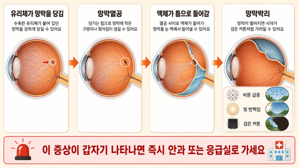 망막열공에서 망막박리로 진행되며 비문증 증가와 빛 번쩍임, 검은 커튼 같은 시야 가림이 나타나는 과정을 설명한 일러스트
