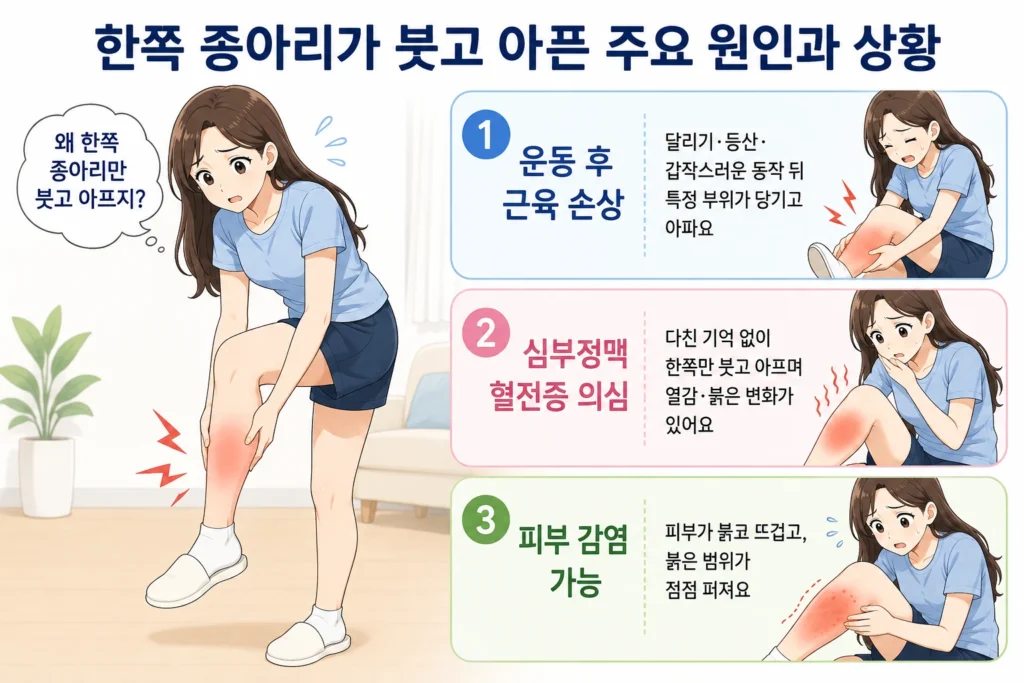 한쪽 종아리가 붓고 아픈 주요 원인으로 운동 후 근육 손상, 심부정맥혈전증 의심, 피부 감염 가능성을 대표캐릭터와 함께 정리한 인포그래픽