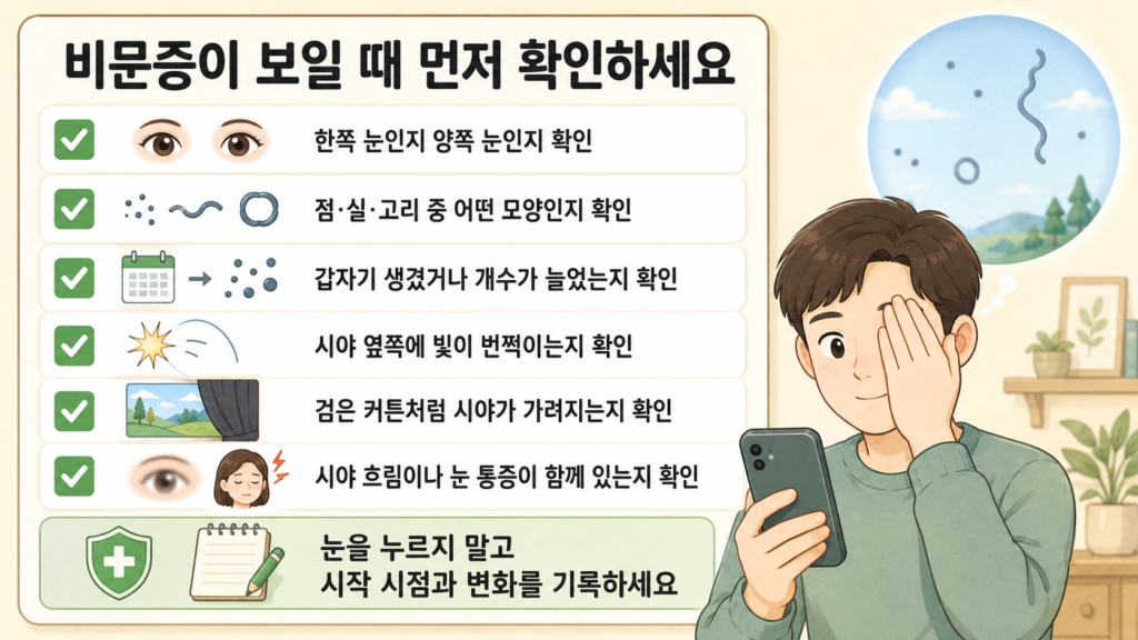 비문증의 모양과 개수, 발생 시점, 빛 번쩍임과 검은 커튼 같은 시야 변화를 집에서 확인하는 체크리스트 일러스트