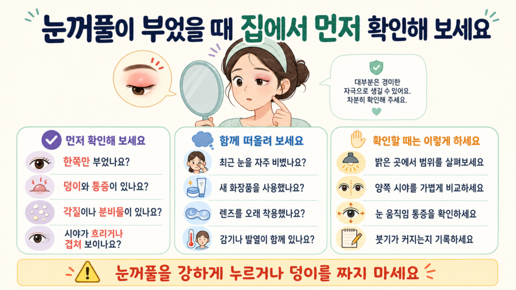 눈꺼풀이 부었을 때 붓기의 위치, 덩이와 통증, 각질과 분비물, 시력 변화, 눈 움직임 통증을 집에서 먼저 확인하는 체크리스트 일러스트