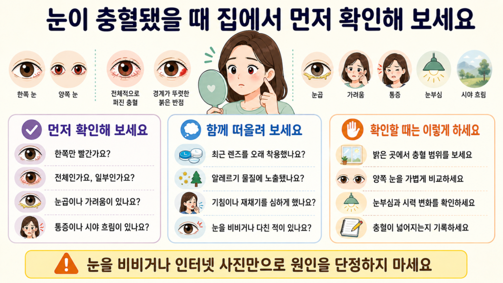 눈이 충혈됐을 때 충혈 범위와 모양, 눈곱과 가려움, 통증과 눈부심, 시력 변화를 집에서 먼저 확인하는 체크리스트 일러스트