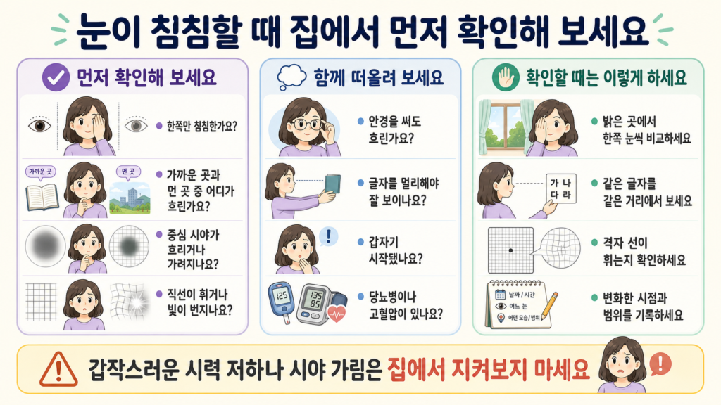 눈이 침침할 때 한쪽과 양쪽 눈의 차이, 먼 거리와 가까운 거리의 선명도, 중심 시야 왜곡과 빛 번짐을 집에서 먼저 확인하는 체크리스트 일러스트