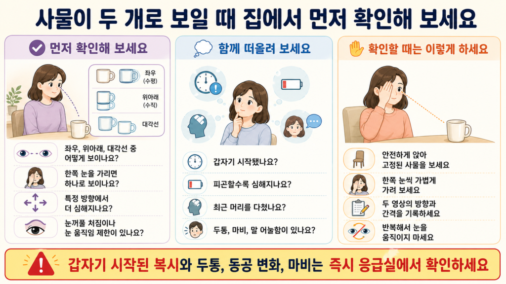 사물이 두 개로 보일 때 한쪽 눈을 번갈아 가려 복시가 사라지는지, 영상의 방향과 눈꺼풀 처짐, 눈 움직임 제한, 신경학적 증상을 집에서 확인하는 체크리스트 일러스트