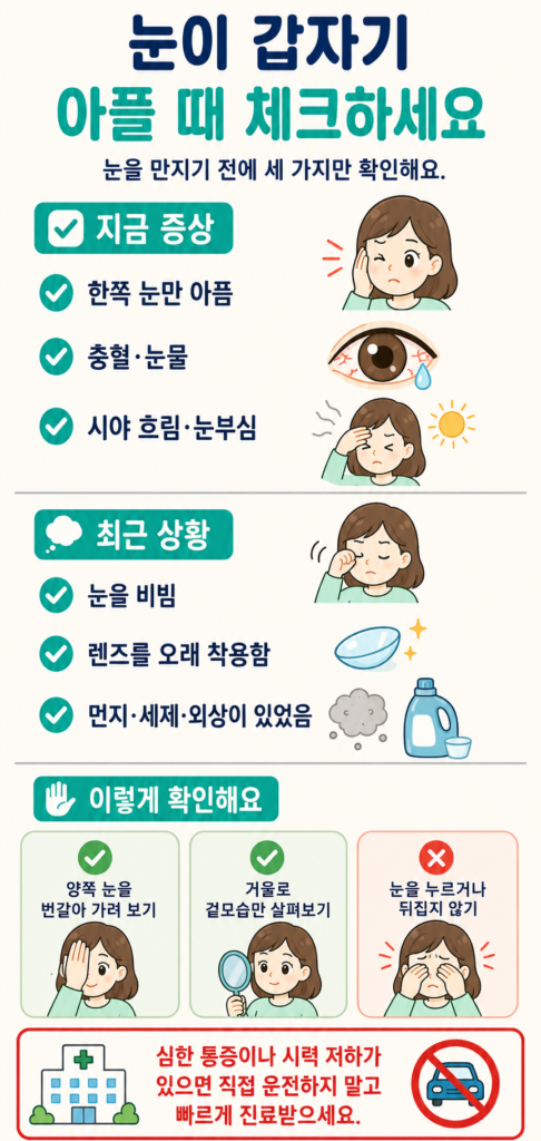 눈 통증의 위치와 충혈, 시력 변화, 눈부심, 외상 및 콘택트렌즈 착용 여부를 집에서 확인하는 방법을 정리한 체크리스트 일러스트