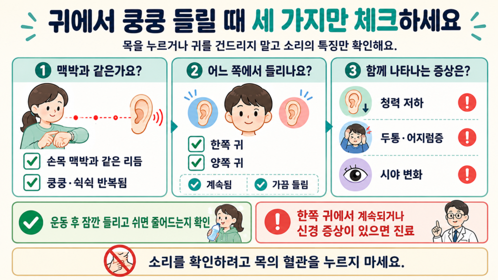 귀의 소리가 손목 맥박과 같은 리듬인지, 한쪽 또는 양쪽 귀인지, 두통·어지럼증·청력 변화가 있는지를 간단히 확인하는 가로형 체크리스트