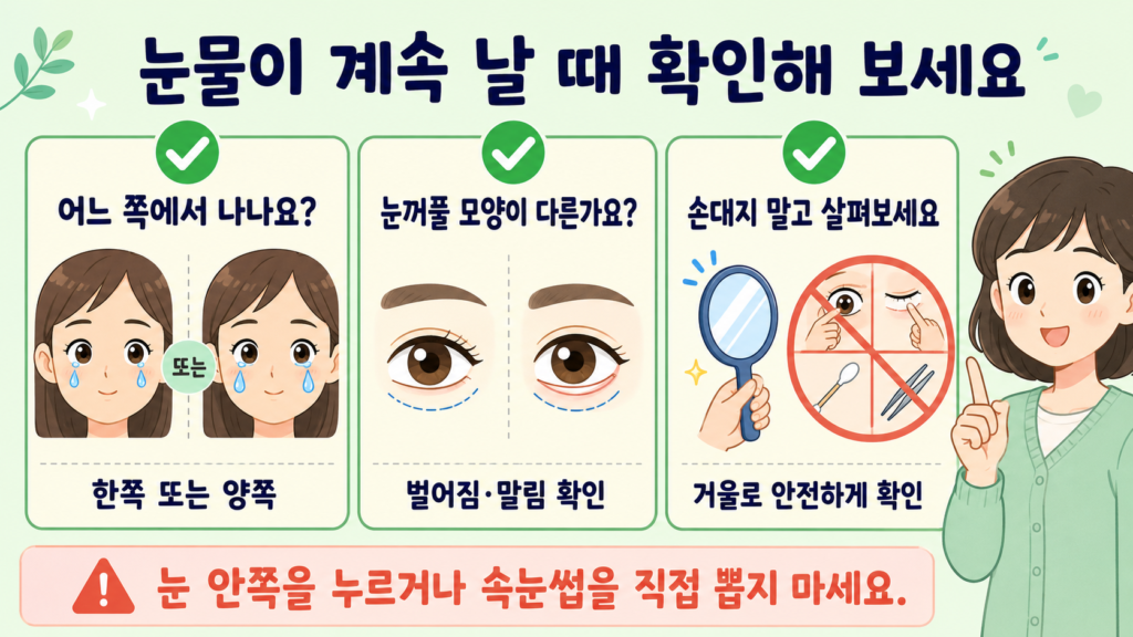 눈물이 한쪽 또는 양쪽에서 나는지, 눈꺼풀 모양이 달라졌는지, 손으로 건드리지 않고 안전하게 확인하는 방법을 핵심 항목 3개로 정리한 가로형 체크리스트