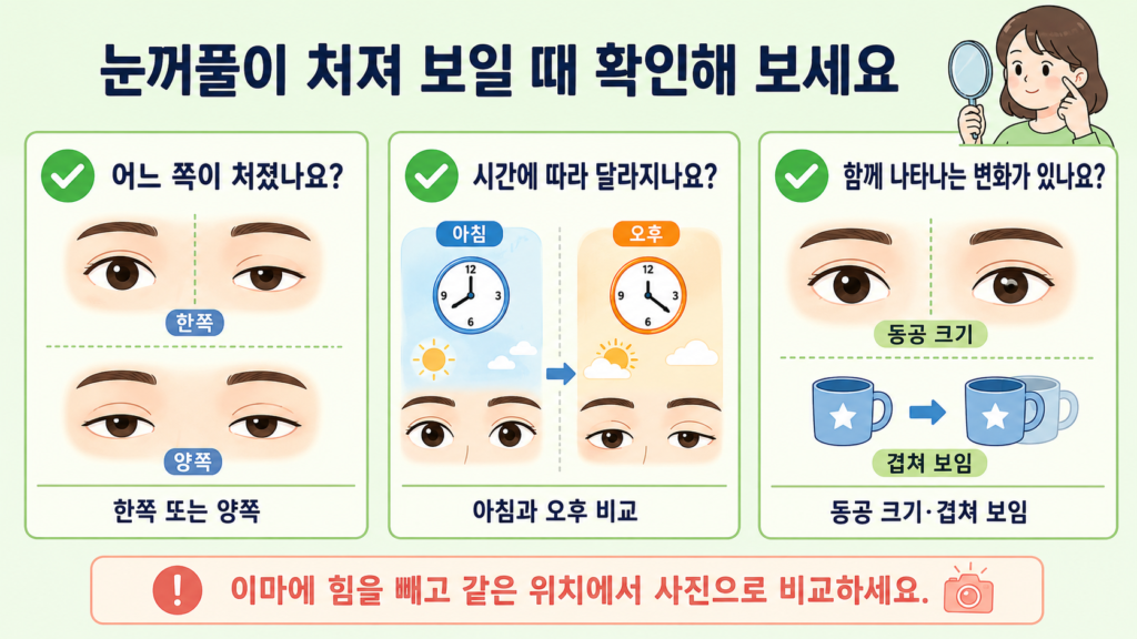 한쪽 또는 양쪽 눈꺼풀인지, 아침과 오후에 높이가 달라지는지, 동공 크기와 겹쳐 보임이 있는지를 핵심 항목 3개로 정리한 가로형 체크리스트