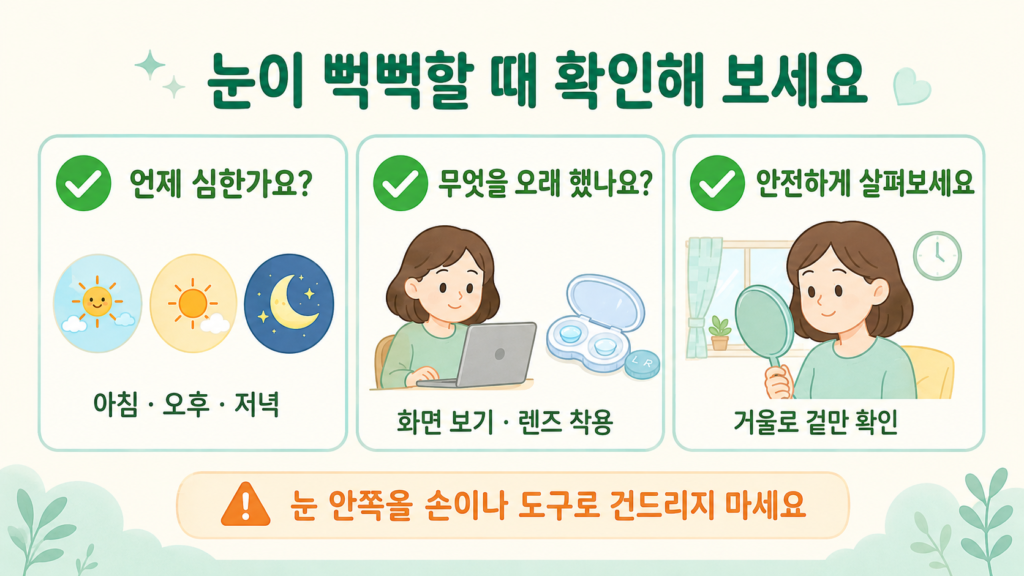 눈이 뻑뻑할 때 증상 시간, 화면·렌즈 사용 및 안전한 확인 방법을 핵심 항목 3개로 정리한 가로형 체크리스트