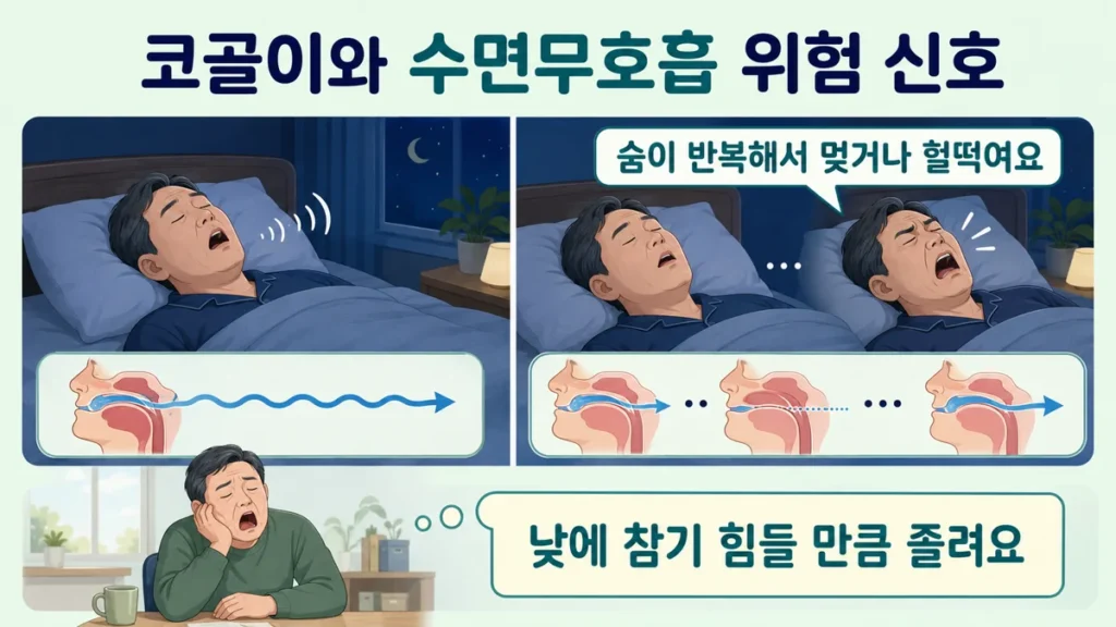 코골이 중 호흡이 반복해서 멎고 다시 헐떡이는 모습과 다음 날 참기 힘든 졸림이 나타나는 수면무호흡 위험 신호를 설명한 그림