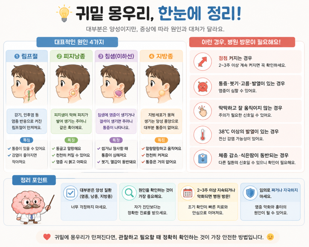 귀밑 몽우리 한눈에 정리한 대표적 원인 4가지와 병원 방문이 필요한경우를 한눈에 정리한 이미지표