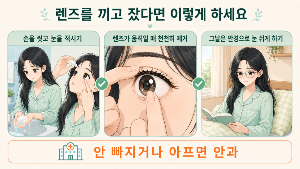 렌즈를 끼고 잔 다음 날 손 씻기→눈 적시기→렌즈 움직임 확인→천천히 제거하기→안경으로 눈 쉬게 하기 순서를 보여주는 가로형 시간대 변화 안내 이미지