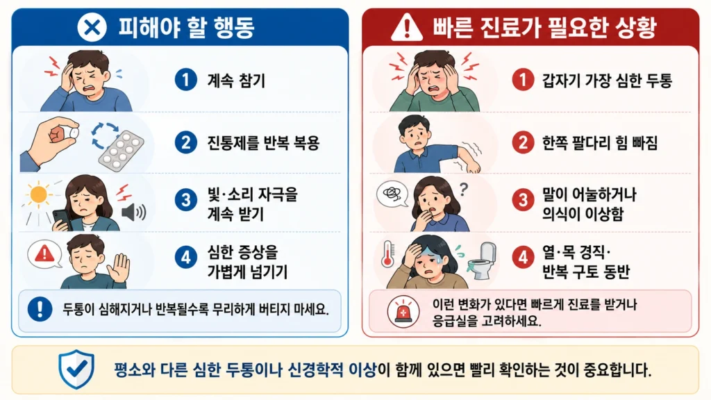 두통을 억지로 참거나 진통제를 반복 복용하는 등 피해야 할 행동과, 갑작스러운 극심한 두통·한쪽 팔다리 힘 빠짐·말이 어눌해짐·의식 변화가 있을 때 빠른 진료가 필요한 상황을 비교한 이미지
