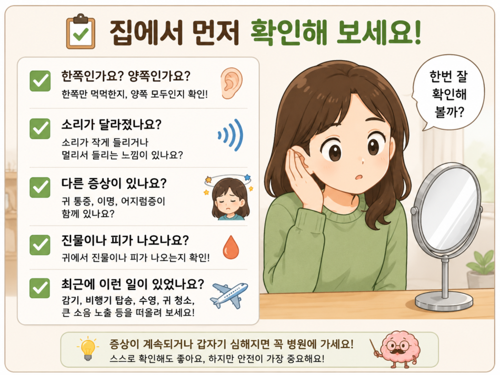 귀가 먹먹할 때 집에서 먼저 확인해야 할 증상과 원인을 한눈에 정리한 체크리스트 일러스트