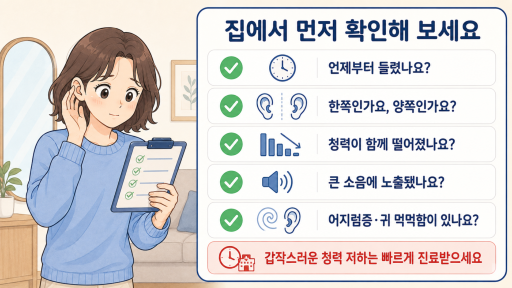 귀에서 삐 소리가 날 때 집에서 먼저 확인해야 할 사항을 한눈에 정리한 체크리스트 일러스트