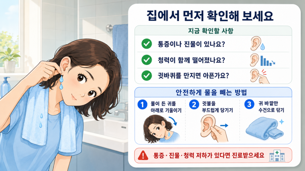 귀에 물이 안 빠질 때 집에서 먼저 확인할 사항과 안전한 배출 방법 체크리스트 일러스트