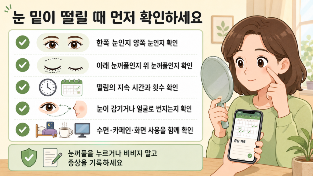눈 밑이 떨릴 때 떨리는 위치와 지속 시간, 카페인·수면·화면 사용 및 동반 증상을 확인하는 체크리스트 일러스트