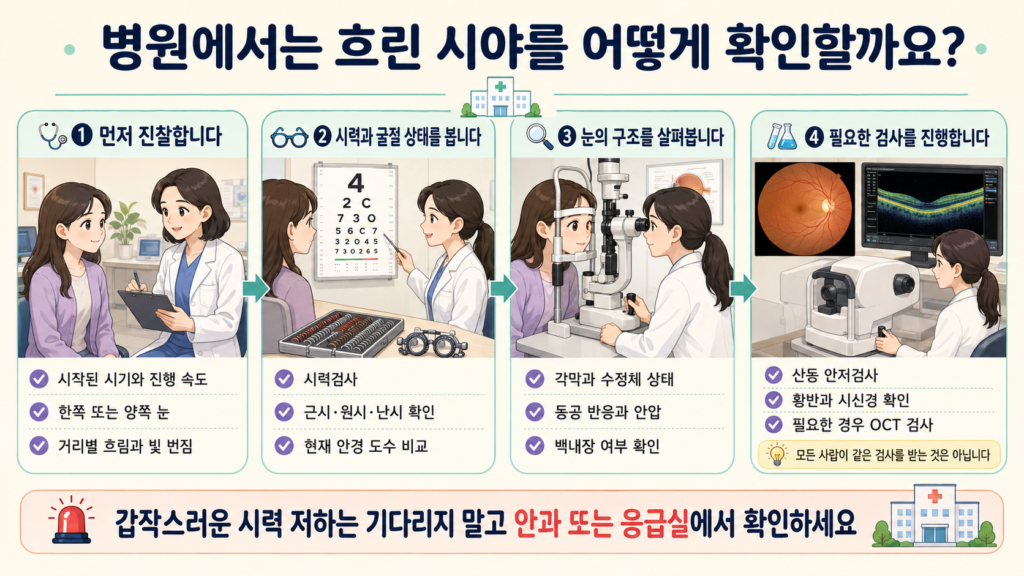 안과에서 문진 후 시력검사와 굴절검사, 세극등현미경검사, 산동 안저검사와 빛간섭단층촬영검사를 통해 흐린 시야의 원인을 확인하는 과정을 설명한 일러스트