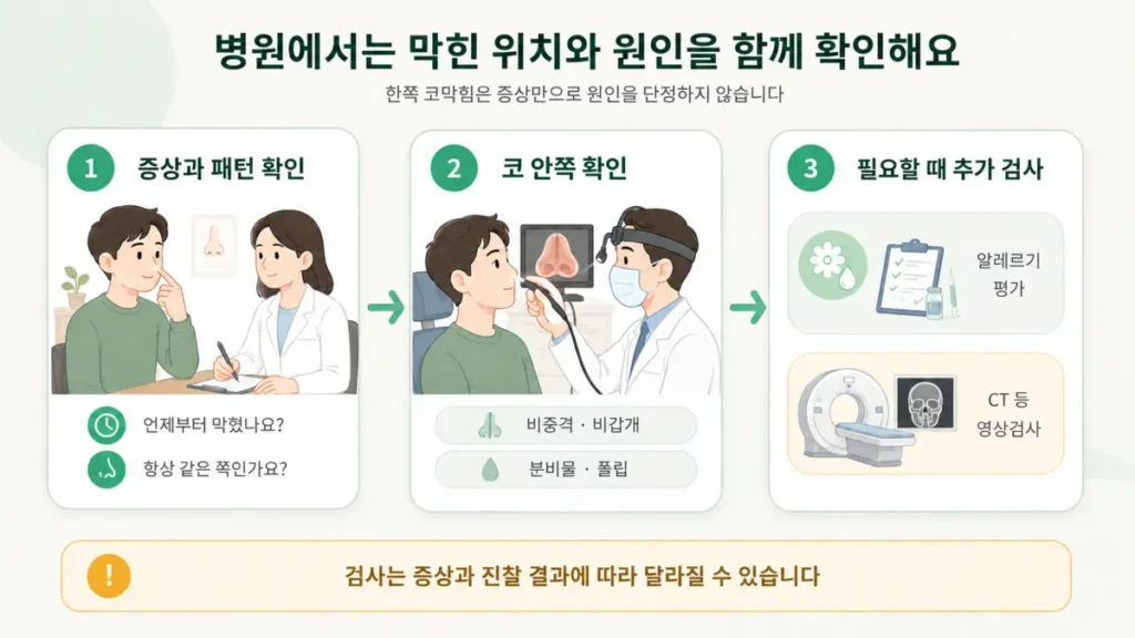 증상 문진 → 코 앞쪽 확인 → 코내시경 → 필요한 경우 CT·알레르기검사로 이어지는 이비인후과 검사 과정을 나타낸 일러스트