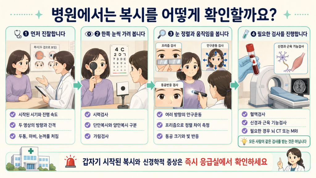 안과에서 문진과 시력검사 후 한쪽 눈 가림검사, 눈 정렬·안구운동·동공반응검사를 시행하고 필요한 경우 신경검사와 뇌 영상검사를 진행하는 과정을 설명한 일러스트