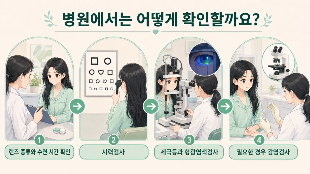 렌즈 종류와 수면 시간 확인→시력검사→세극등과 형광염색검사→필요한 경우 감염검사로 이어지는 안과 진료 흐름을 보여주는 가로형 이미지