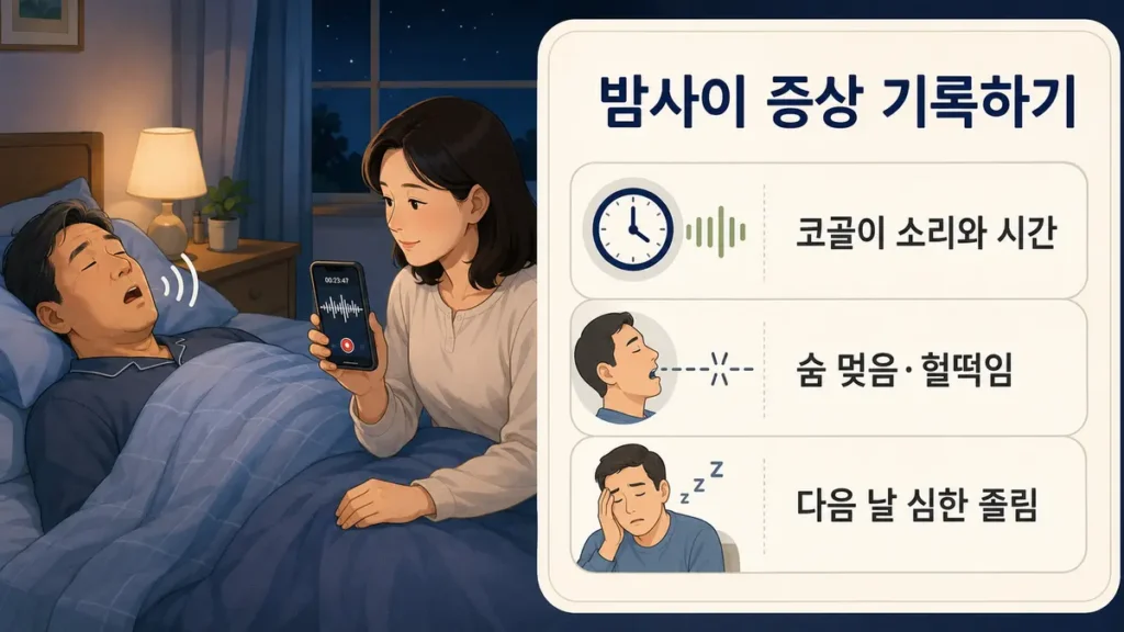 배우자가 밤사이 코골이를 녹음하며 코골이 시간과 숨 멎음, 헐떡임, 다음 날 심한 졸림을 기록하는 방법을 설명한 그림
