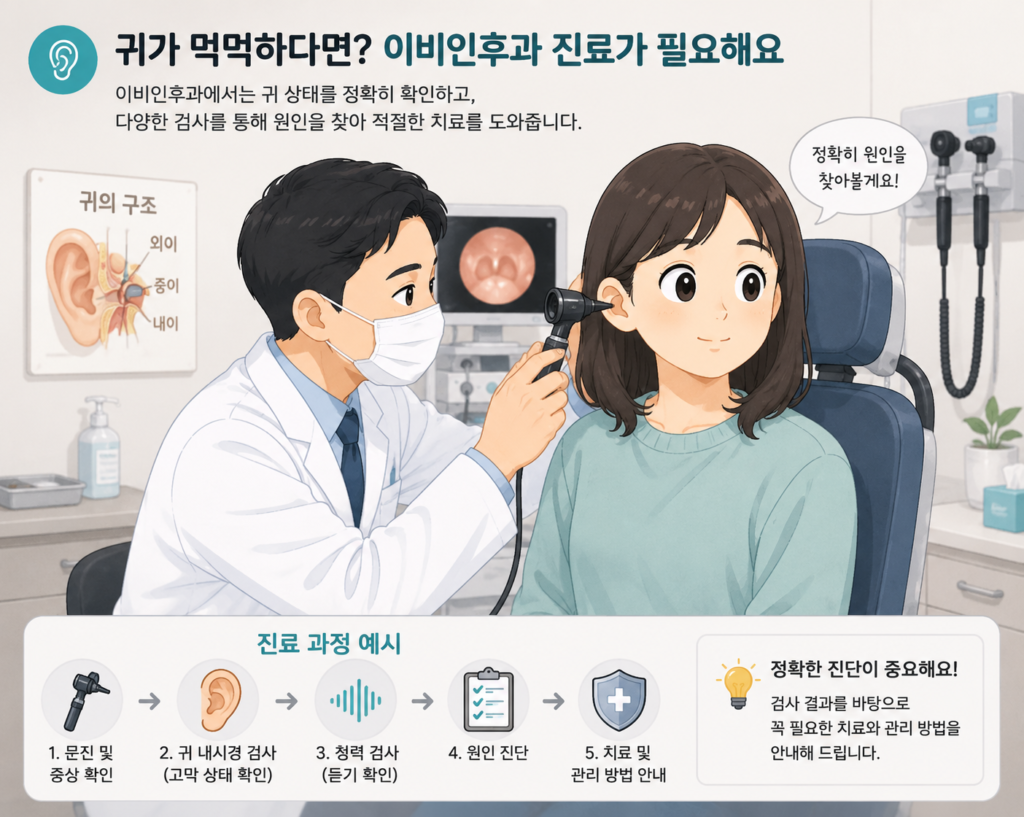 귀가 먹먹한 증상으로 이비인후과에서 귀 내시경 검사와 진료를 받는 과정을 설명하는 일러스트