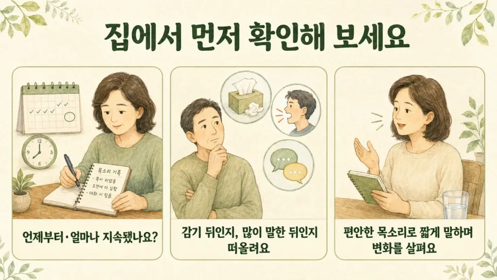 목이 자주 쉴 때 지속 기간과 최근 감기·목소리 사용 상황을 기록하며 변화를 살피는 이미지