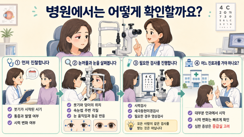 안과에서 문진 후 눈꺼풀과 속눈썹 주변을 살펴보고 세극등현미경검사와 시력검사를 진행하는 과정을 설명한 일러스트