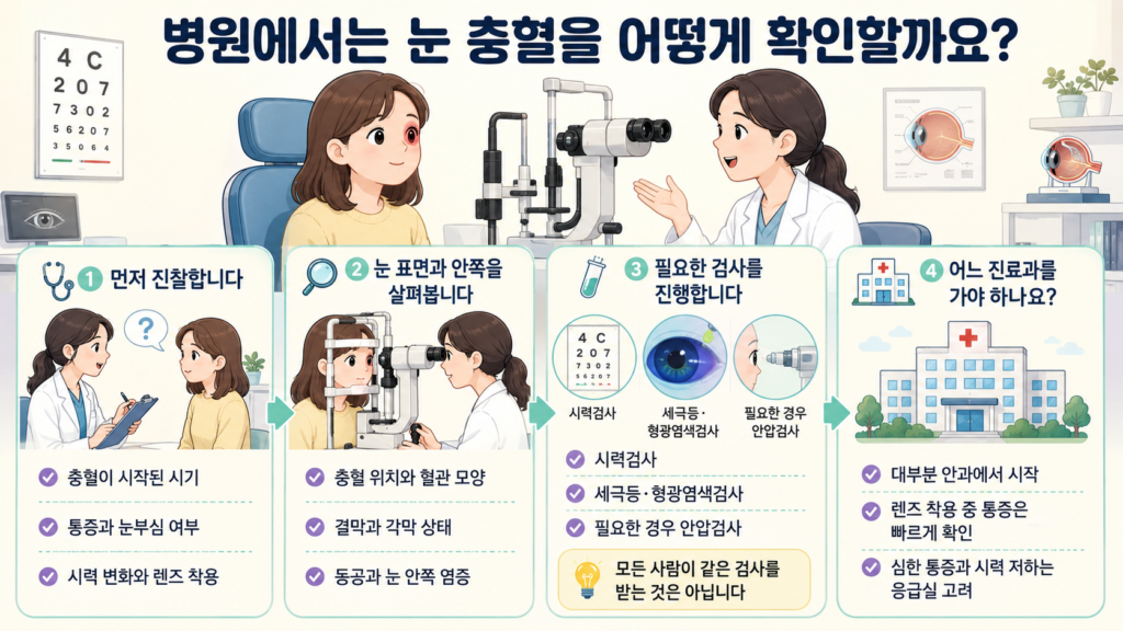 안과에서 문진 후 시력검사, 세극등현미경검사, 형광염색검사와 안압검사를 통해 눈 충혈의 원인을 확인하는 과정을 설명한 일러스트