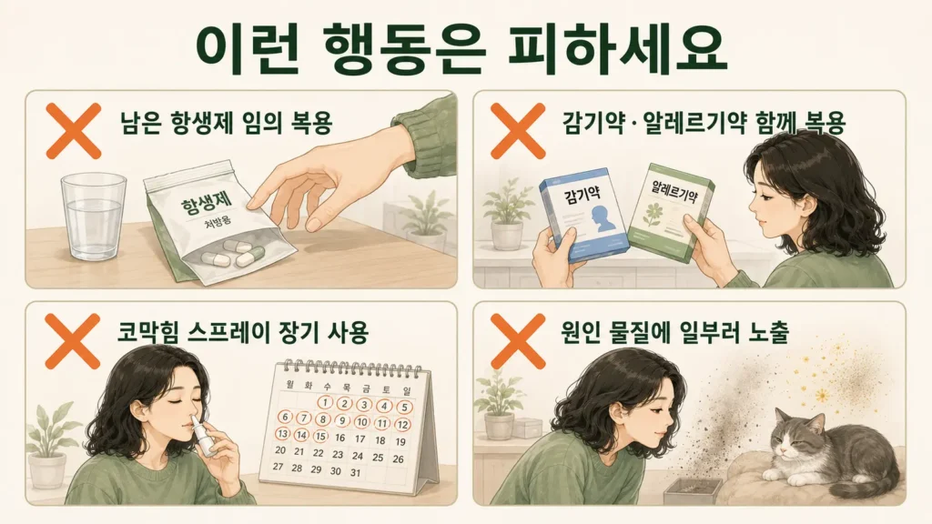 맑은 콧물이 날 때 남은 항생제 임의 복용, 감기약과 알레르기약 동시 복용, 코막힘 스프레이 장기 사용, 원인 물질에 일부러 노출하는 행동을 피하도록 안내하는 모습