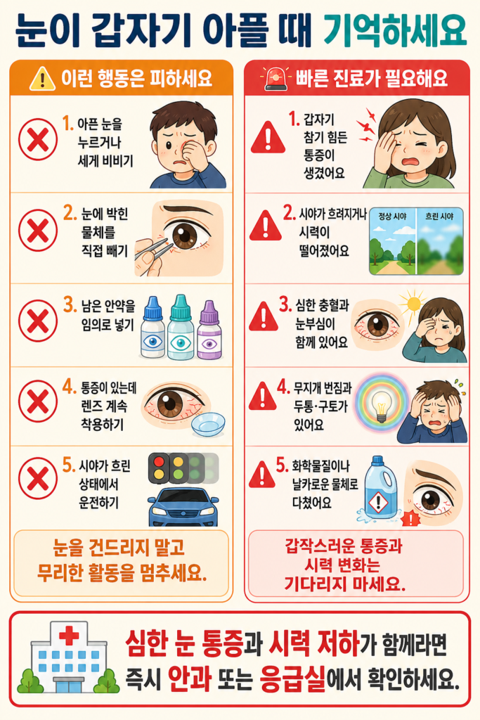눈이 갑자기 아플 때 눈 비비기, 임의로 안약 넣기, 콘택트렌즈 착용과 직접 운전을 피해야 하는 이유 및 빠른 진료가 필요한 증상을 한눈에 정리한 안내 일러스트