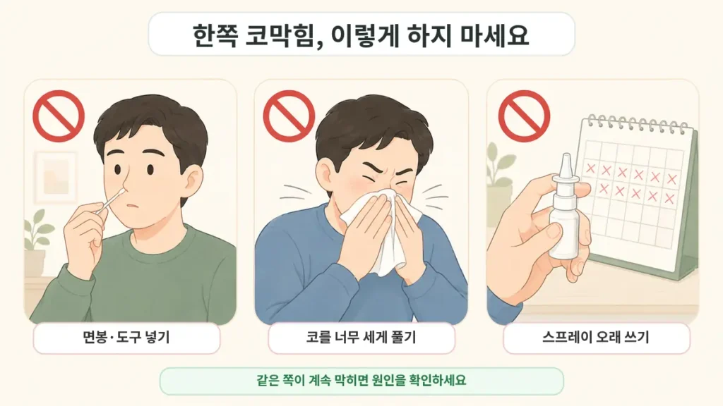 한쪽 코막힘일 때 코를 세게 풀거나 도구를 넣고 코막힘 스프레이를 오래 사용하는 행동을 피하라는 안내