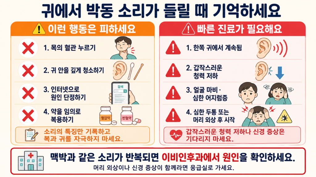 귀에서 심장 뛰는 소리가 들릴 때 목 혈관 누르기, 깊은 귀 청소, 임의로 약 복용하기를 피해야 하는 이유와 빠른 진료가 필요한 증상을 비교한 가로형 안내 일러스트