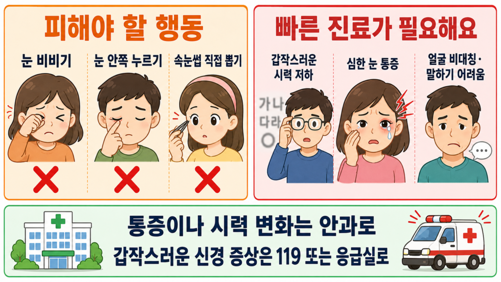 왼쪽에는 눈 비비기·눈물길 강하게 누르기·속눈썹 직접 뽑기 등 피해야 할 행동을, 오른쪽에는 시력 저하·심한 통증·갑작스러운 얼굴 비대칭 등 빠른 진료가 필요한 상황을 비교한 가로형 안내 일러스트