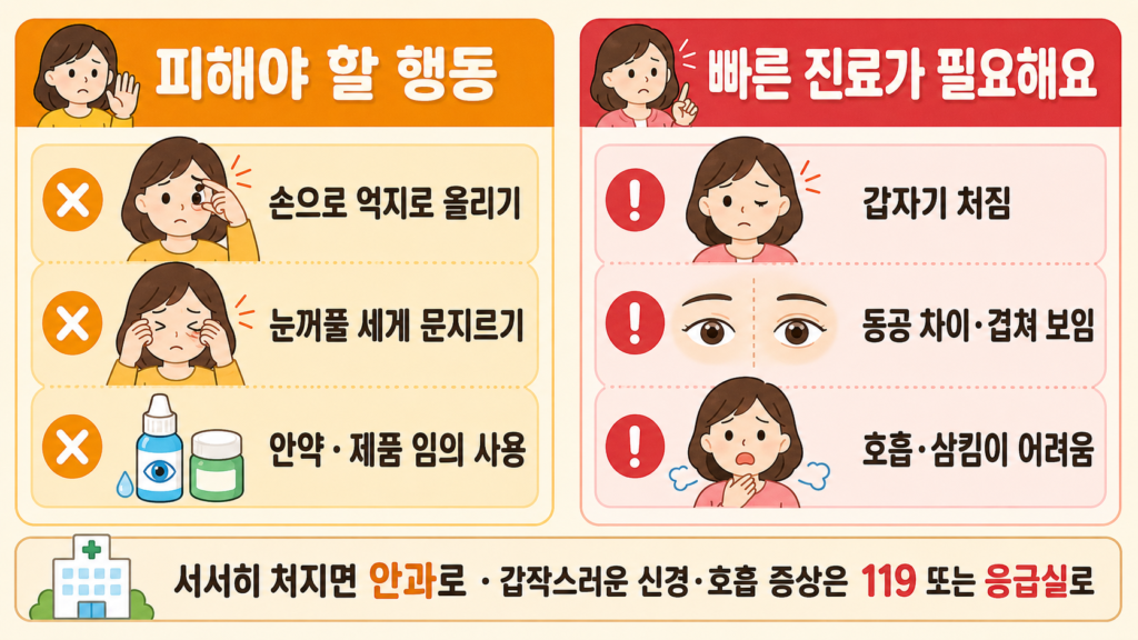 왼쪽에는 눈꺼풀을 테이프로 올리기·세게 문지르기·임의 제품 사용 등 피해야 할 행동을, 오른쪽에는 갑작스러운 처짐·동공 크기 변화·신경 증상 등 빠른 진료가 필요한 상황을 비교한 가로형 안내 일러스트