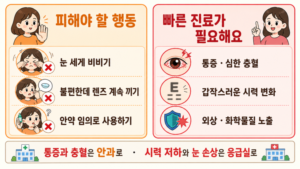 왼쪽에는 눈 비비기·렌즈 계속 착용·안약 임의 사용을, 오른쪽에는 빠른 안과 진료가 필요한 상황을 비교한 가로형 안내 일러스트